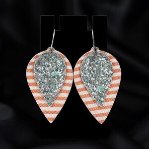 Pink & White Stiped Silver Glitter Faux Leather Teardrop Dangle Earrings NEW
